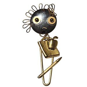 Quirky Wire Face Paperclip Brooch Apple Book Pencil Accents Gold Silver Tone